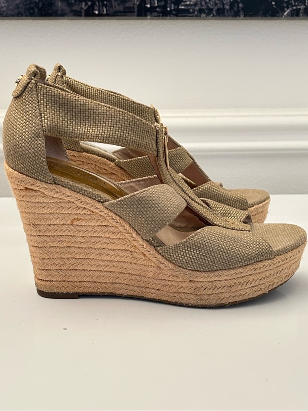 Michael Kors Beige Woven Espadrille Wedge Sandals Size 8.5